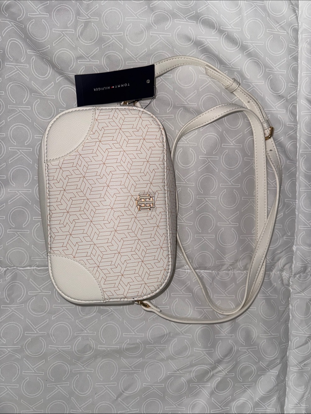 Tommy Hilfiger Cream and Gold Logo Crossbody Bag